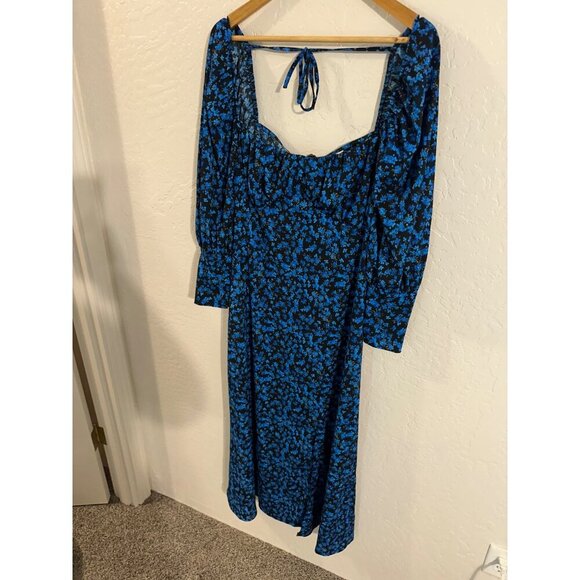 Topshop Midnight Blue Floral Milkmaid Style Boho Dress - Picture 3 of 13